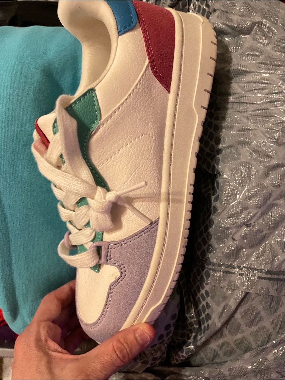 No Boundaries White Sneakers with Lavender, Teal, Blue and Red Accents